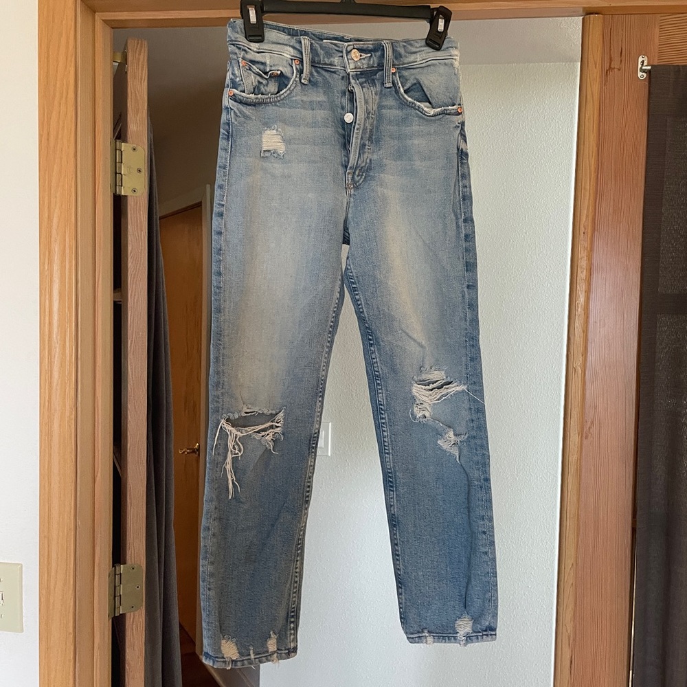 MOTHER High Rise Distressed Jeans - Light Blue